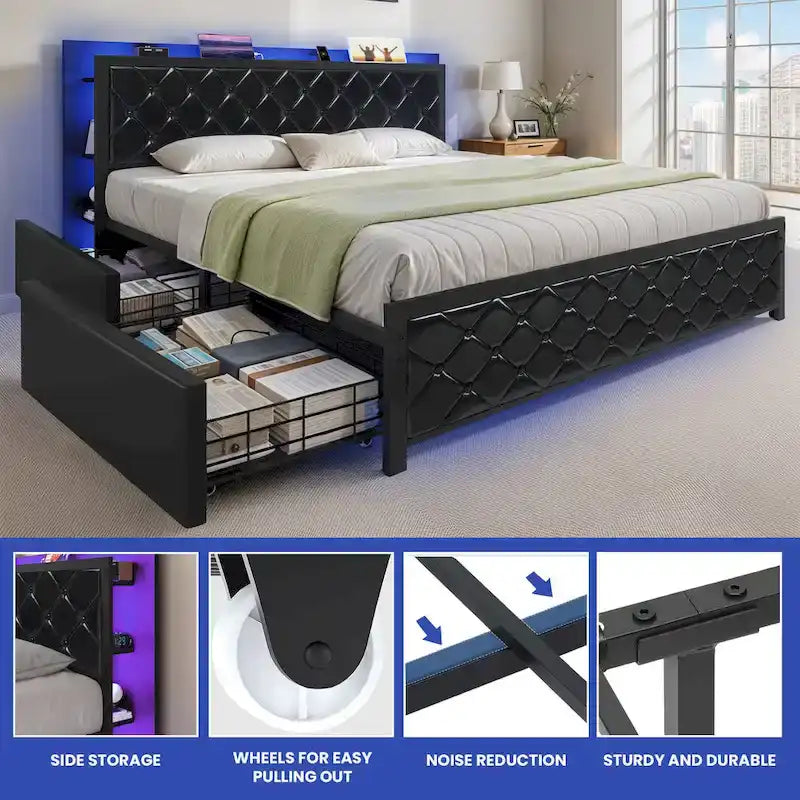 Moasis Lit Double en PU avec LED Cadre de Lit Capitonne Plateforme
