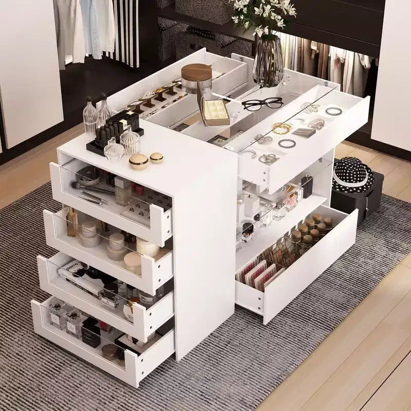 Famapy Glass-Top Closet Organizer White Dressing Island Ample Storage Dresser Display Storage Cabinet Closet Vanity Island Storage Beauty Organizer