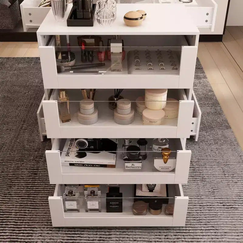 Famapy Organisateur de placard à dessus en verre Blanc Îlot de dressing Grand espace de rangement Commode Vitrine Meuble de rangement de placard Îlot de coiffeuse Organisateur de beauté