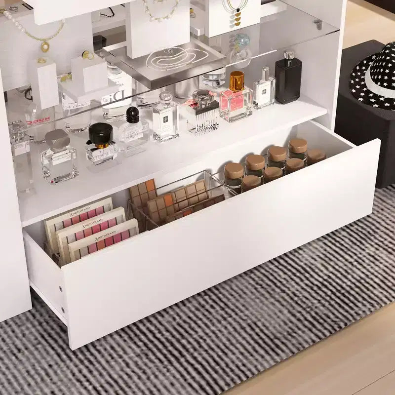 Famapy Organisateur de placard à dessus en verre Blanc Îlot de dressing Grand espace de rangement Commode Vitrine Meuble de rangement de placard Îlot de coiffeuse Organisateur de beauté