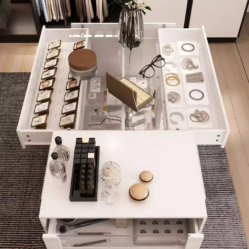 Famapy Organisateur de placard à dessus en verre Blanc Îlot de dressing Grand espace de rangement Commode Vitrine Meuble de rangement de placard Îlot de coiffeuse Organisateur de beauté