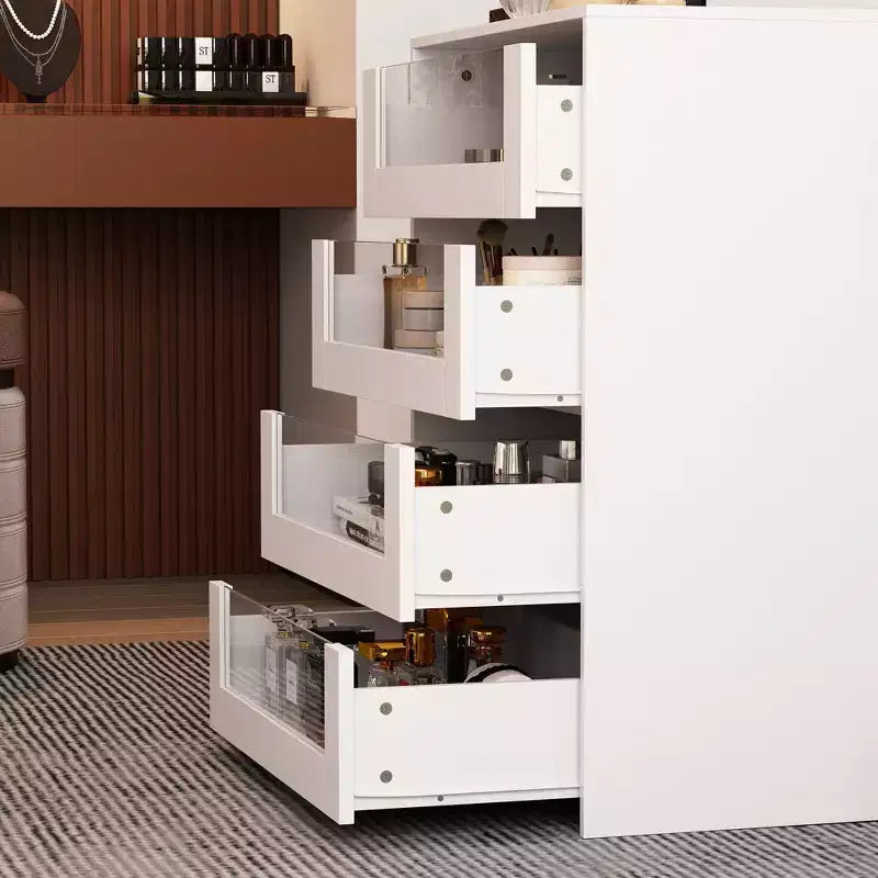 Famapy Organisateur de placard à dessus en verre Blanc Îlot de dressing Grand espace de rangement Commode Vitrine Meuble de rangement de placard Îlot de coiffeuse Organisateur de beauté