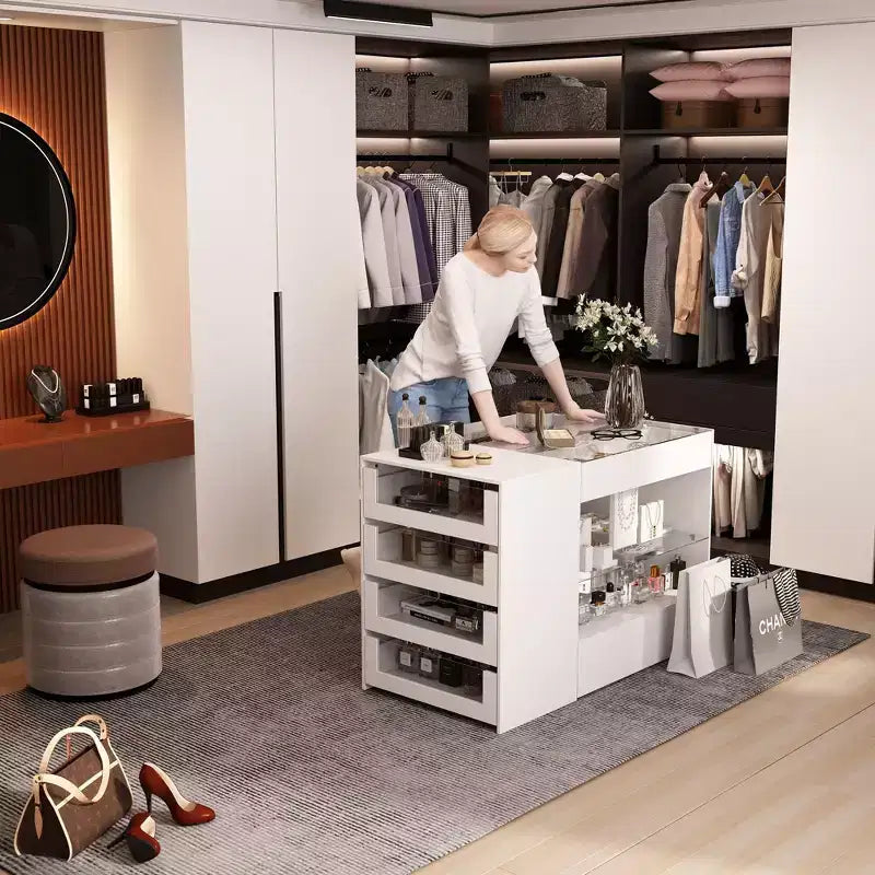 Famapy Organisateur de placard à dessus en verre Blanc Îlot de dressing Grand espace de rangement Commode Vitrine Meuble de rangement de placard Îlot de coiffeuse Organisateur de beauté