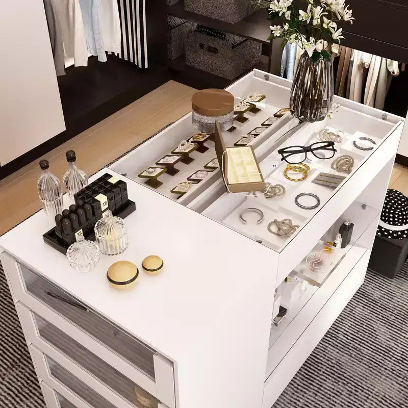 Famapy Organisateur de placard à dessus en verre Blanc Îlot de dressing Grand espace de rangement Commode Vitrine Meuble de rangement de placard Îlot de coiffeuse Organisateur de beauté