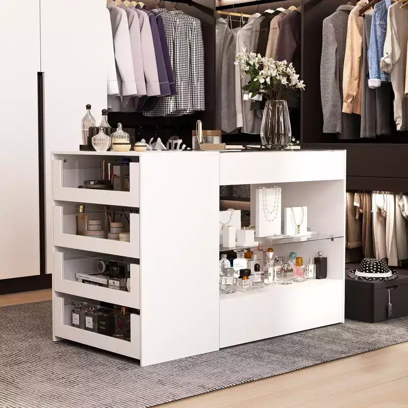 Famapy Organisateur de placard à dessus en verre Blanc Îlot de dressing Grand espace de rangement Commode Vitrine Meuble de rangement de placard Îlot de coiffeuse Organisateur de beauté