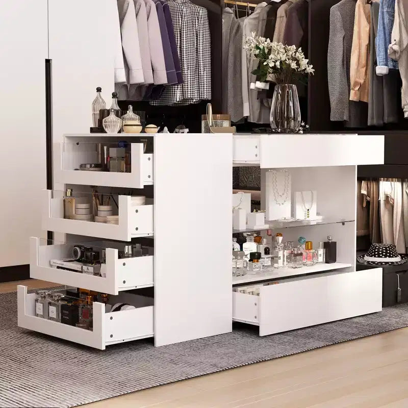 Famapy Organisateur de placard à dessus en verre Blanc Îlot de dressing Grand espace de rangement Commode Vitrine Meuble de rangement de placard Îlot de coiffeuse Organisateur de beauté