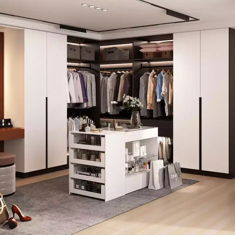 Famapy Organisateur de placard à dessus en verre Blanc Îlot de dressing Grand espace de rangement Commode Vitrine Meuble de rangement de placard Îlot de coiffeuse Organisateur de beauté