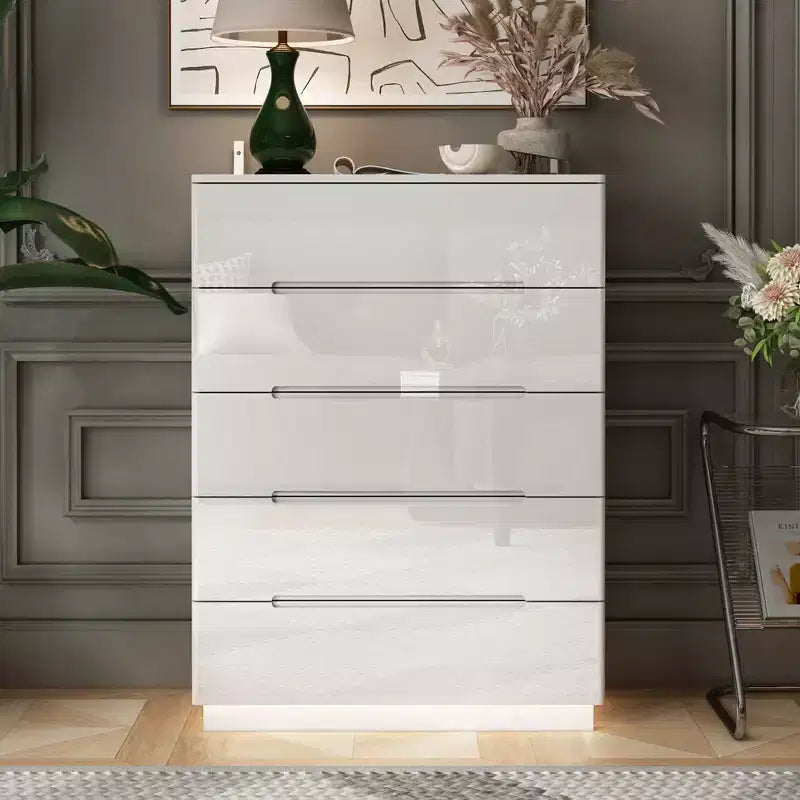 Hitow High Gloss 5 Drawer Dresser with Underlight Concealed Handle Chest of Drawers