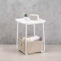 Modern Nightstand with Fabric Basket Square Bedside Table, End Table, Side Table for Living Room, Bedroom Matte White and Camel Brown