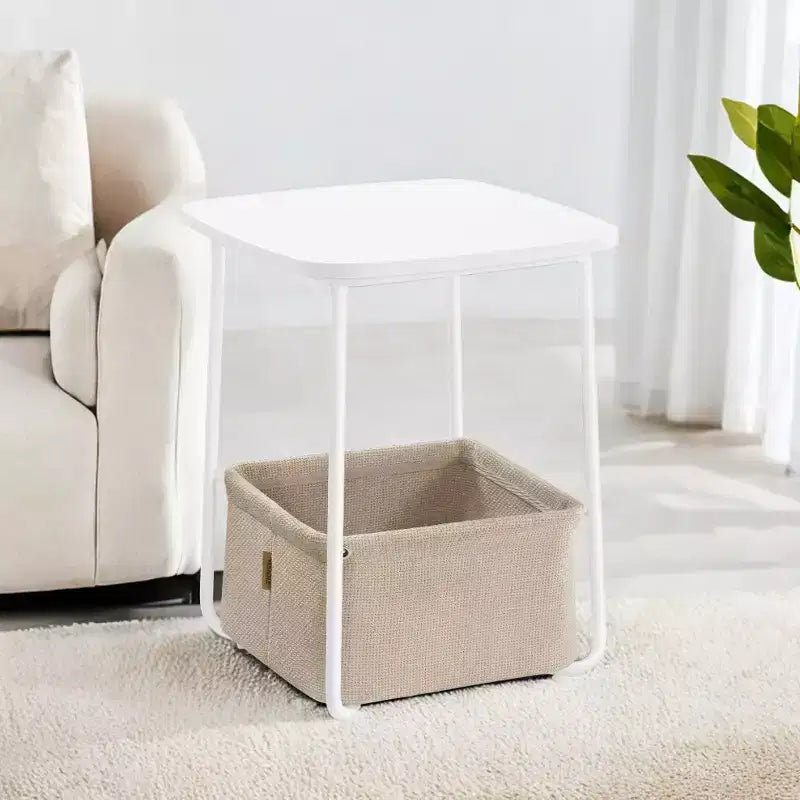 Table de chevet moderne avec panier en tissu, table de chevet carrée, table d'appoint, table de bout pour salon, chambre à coucher, blanc mat et brun camel