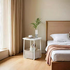 Table de chevet moderne avec panier en tissu, table de chevet carrée, table d'appoint, table de bout pour salon, chambre à coucher, blanc mat et brun camel
