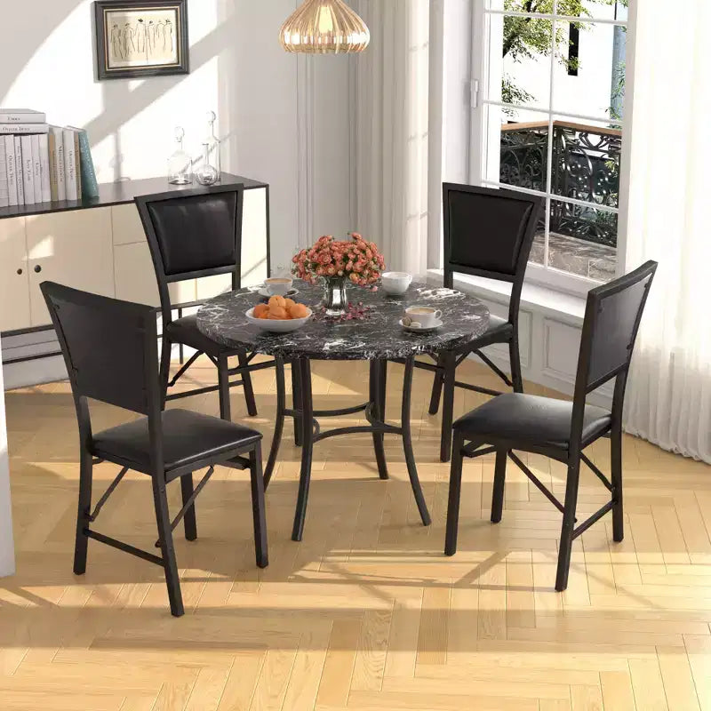 VECELO Table à manger ronde 36" pour 4, plateau de table de bar en faux marbre avec pieds en métal pour cuisine, petits espaces
