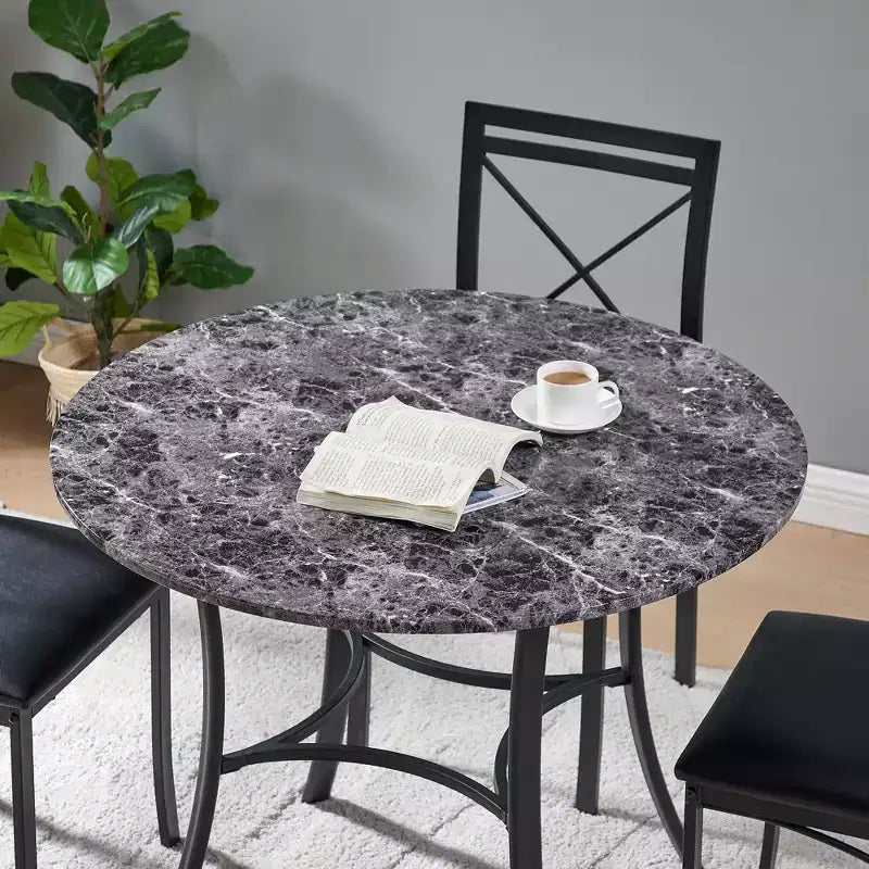 VECELO Table à manger ronde 36" pour 4, plateau de table de bar en faux marbre avec pieds en métal pour cuisine, petits espaces