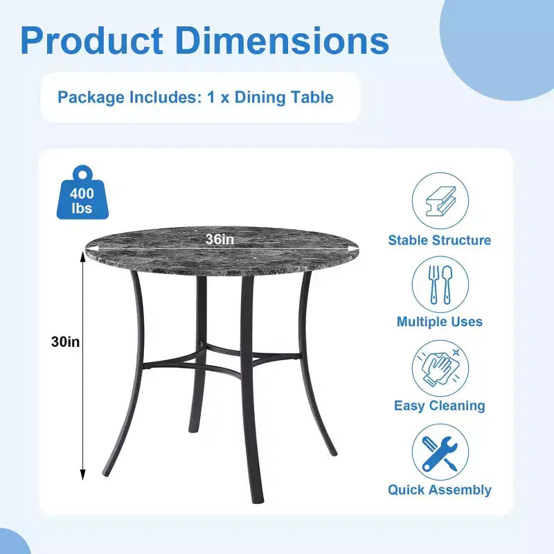 VECELO Table à manger ronde 36" pour 4, plateau de table de bar en faux marbre avec pieds en métal pour cuisine, petits espaces
