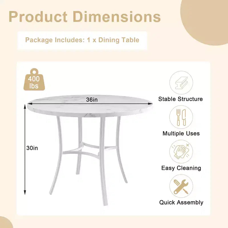 VECELO Table à manger ronde 36" pour 4, plateau de table de bar en faux marbre avec pieds en métal pour cuisine, petits espaces