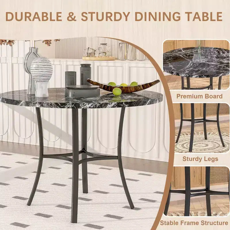 VECELO Table à manger ronde 36" pour 4, plateau de table de bar en faux marbre avec pieds en métal pour cuisine, petits espaces