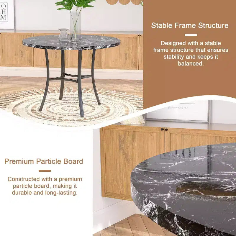 VECELO Table à manger ronde 36" pour 4, plateau de table de bar en faux marbre avec pieds en métal pour cuisine, petits espaces