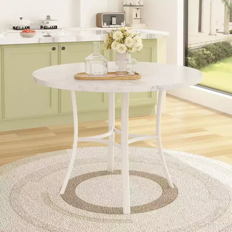 VECELO Table à manger ronde 36" pour 4, plateau de table de bar en faux marbre avec pieds en métal pour cuisine, petits espaces