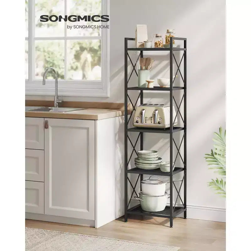 SONGMICS 5-Tier Metal Storage Rack, Shelving Unit with X Side Frames, Dense Mesh, 12.6 x 15.7 x 57.3 Inches, Ink Black