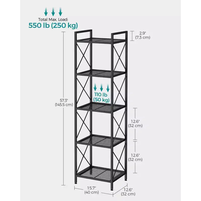 Étagère de rangement SONGMICS à 5 niveaux en métal, étagère de rangement avec cadres latéraux en X, maillage dense, 32 x 40 x 145,5 cm, noir encre