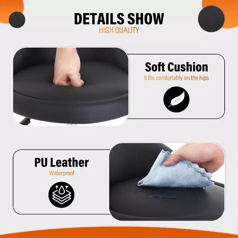 Tabouret de salon FDW réglable en hauteur, à roulettes, pivotant pour spa, avec siège confortable en cuir PU et base en métal chromé