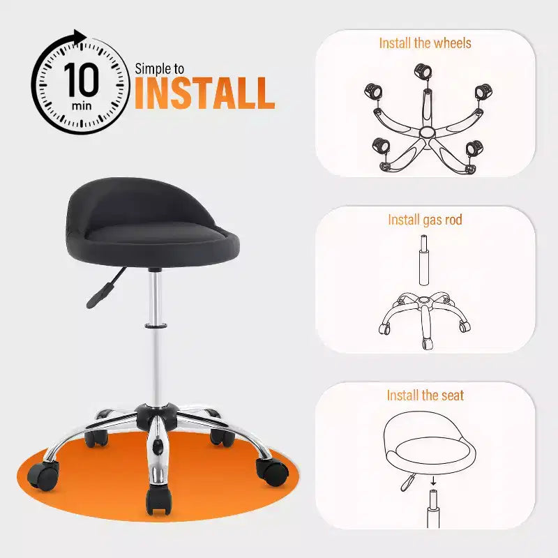 Tabouret de salon FDW réglable en hauteur, à roulettes, pivotant pour spa, avec siège confortable en cuir PU et base en métal chromé