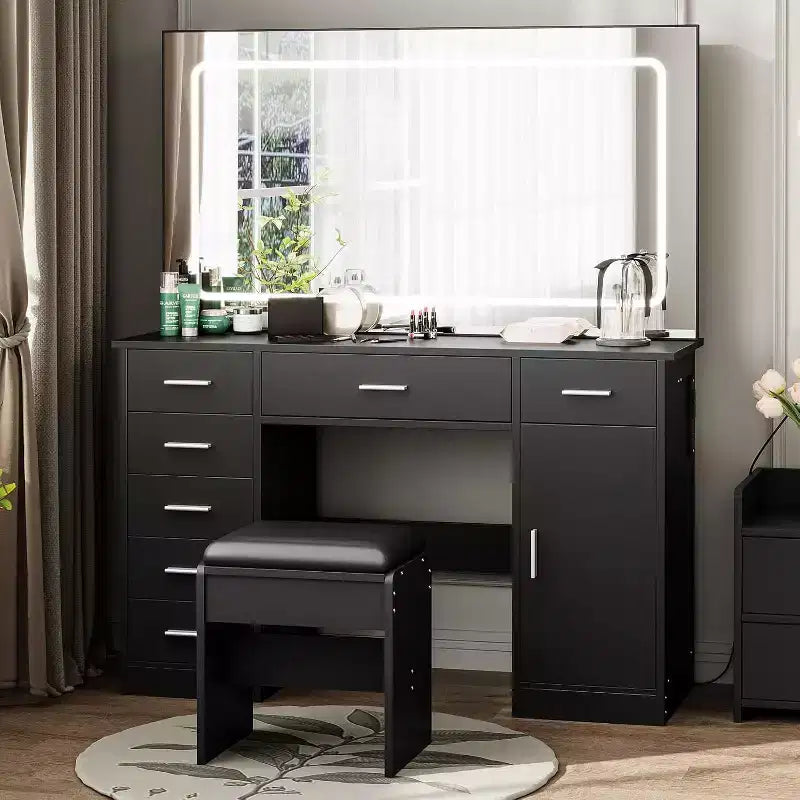 Vanity Desk with Large Mirror and Lights, Makeup Vanity with Power Outlet, 7 Drawers & Cushioned Stool, 3 Lighting Color Adjustable