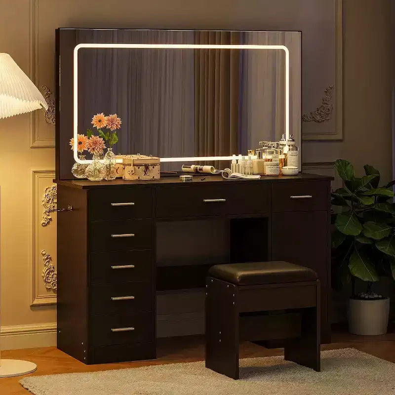 Coiffeuse avec grand miroir et lumières, coiffeuse avec prise de courant, 7 tiroirs et tabouret rembourré, 3 couleurs d'éclairage réglables
