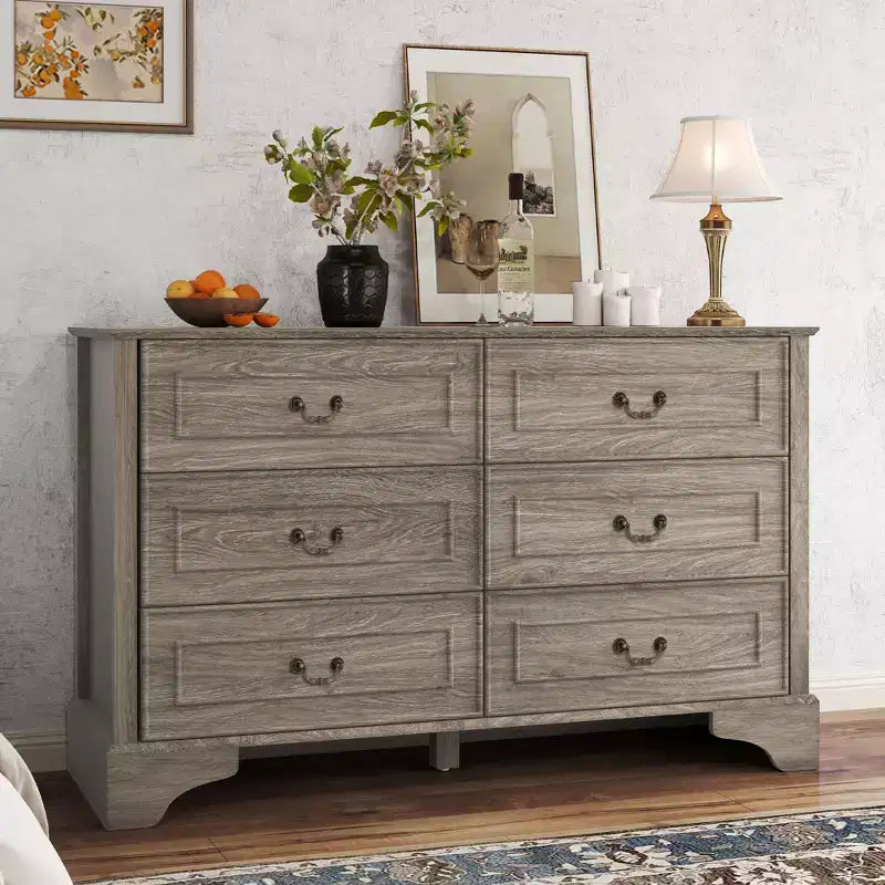 47'' Farmhouse 6 Drawers Dresser for Bedroom, Wide Rustic chests of Drawers with Natural Texture, Gray