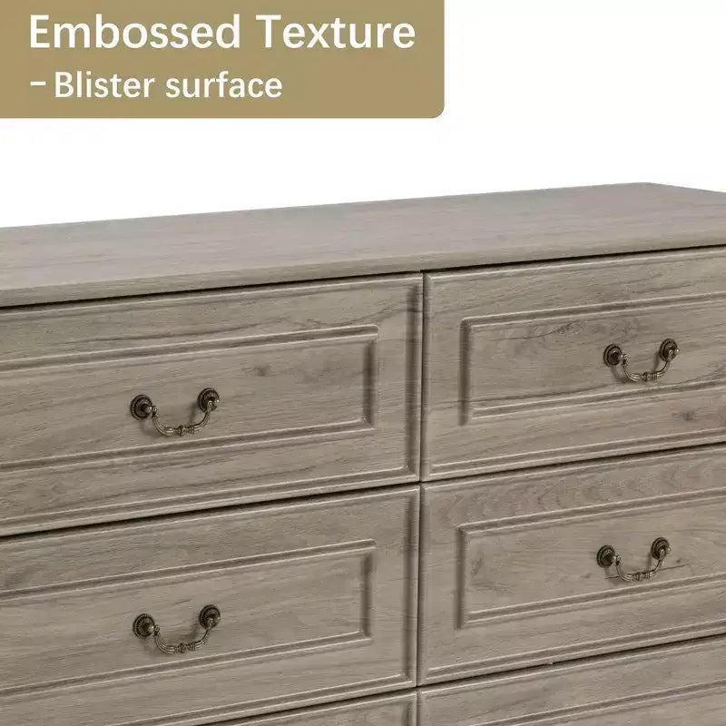 Commode de chambre rustique de 47 po à 6 tiroirs, grande commode rustique à texture naturelle, grise