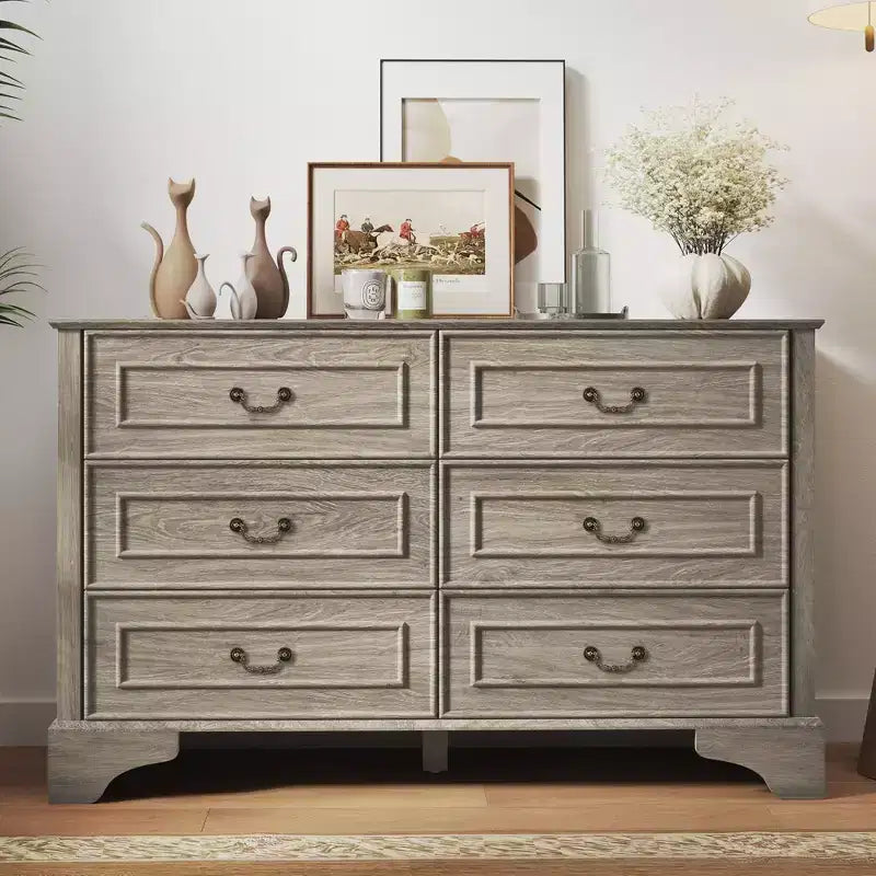 Commode de chambre rustique de 47 po à 6 tiroirs, grande commode rustique à texture naturelle, grise