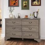 Commode de chambre rustique de 47 po à 6 tiroirs, grande commode rustique à texture naturelle, grise
