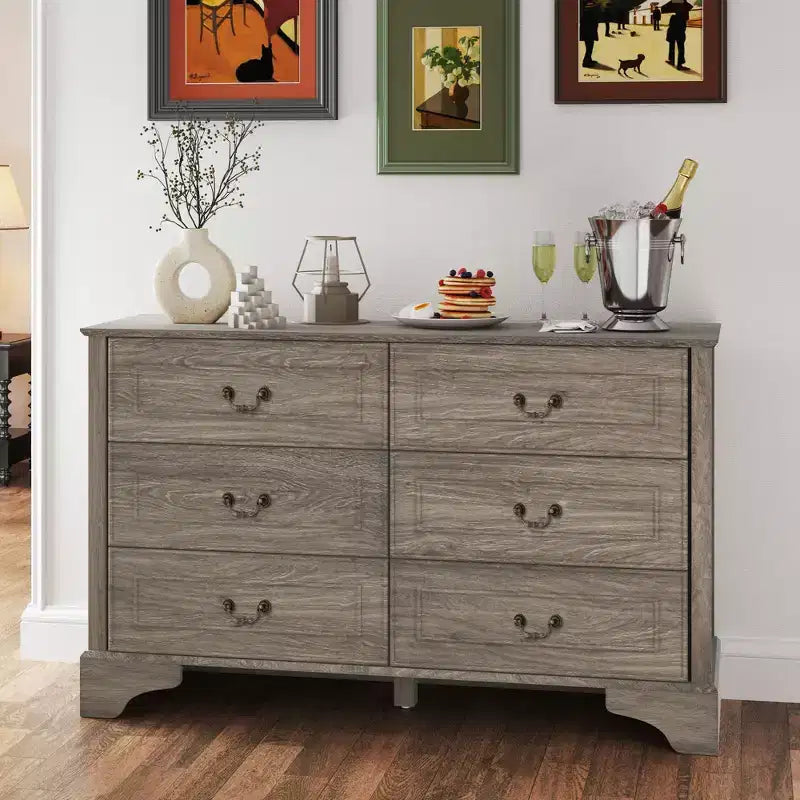 Commode de chambre rustique de 47 po à 6 tiroirs, grande commode rustique à texture naturelle, grise
