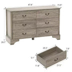 Commode de chambre rustique de 47 po à 6 tiroirs, grande commode rustique à texture naturelle, grise