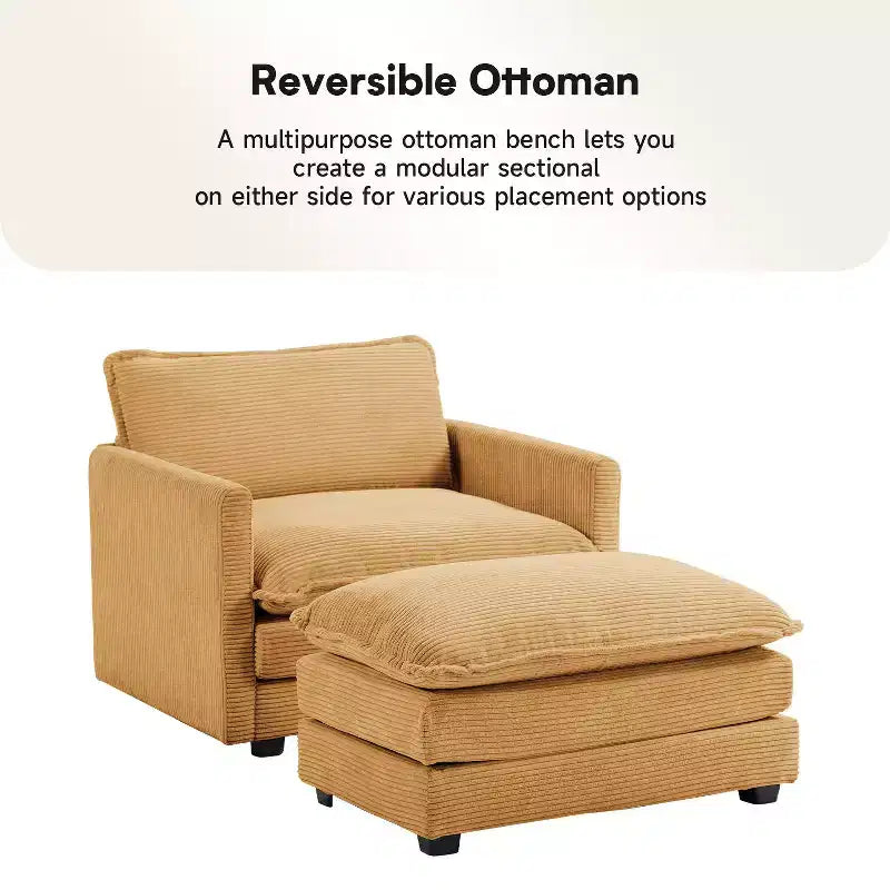 41.34 Fauteuil d'appoint surdimensionné en velours côtelé, Fauteuil-canapé avec ottoman et assise large, Fauteuil de lecture moderne pour chambre et salon