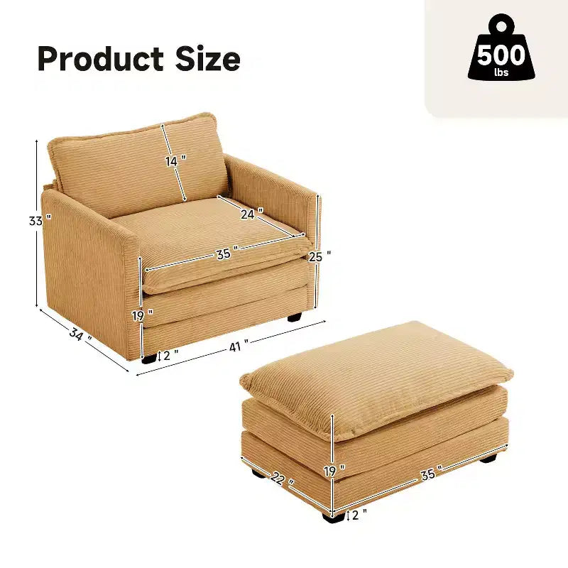 41.34 Fauteuil d'appoint surdimensionné en velours côtelé, Fauteuil-canapé avec ottoman et assise large, Fauteuil de lecture moderne pour chambre et salon
