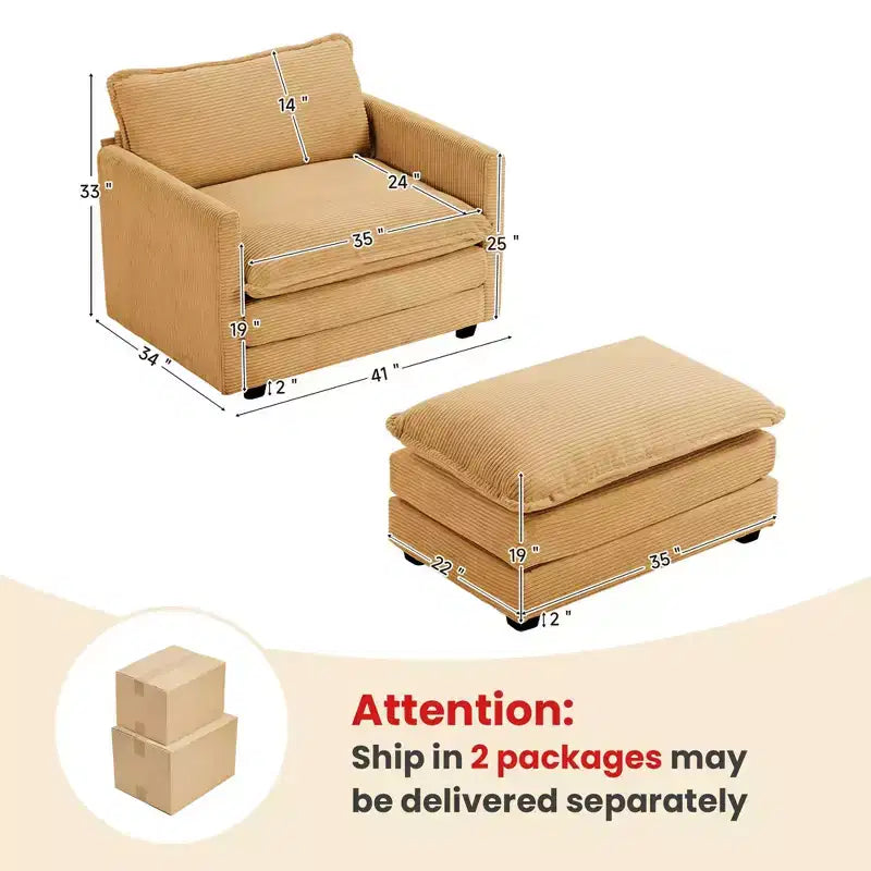 41.34 Fauteuil d'appoint surdimensionné en velours côtelé, Fauteuil-canapé avec ottoman et assise large, Fauteuil de lecture moderne pour chambre et salon