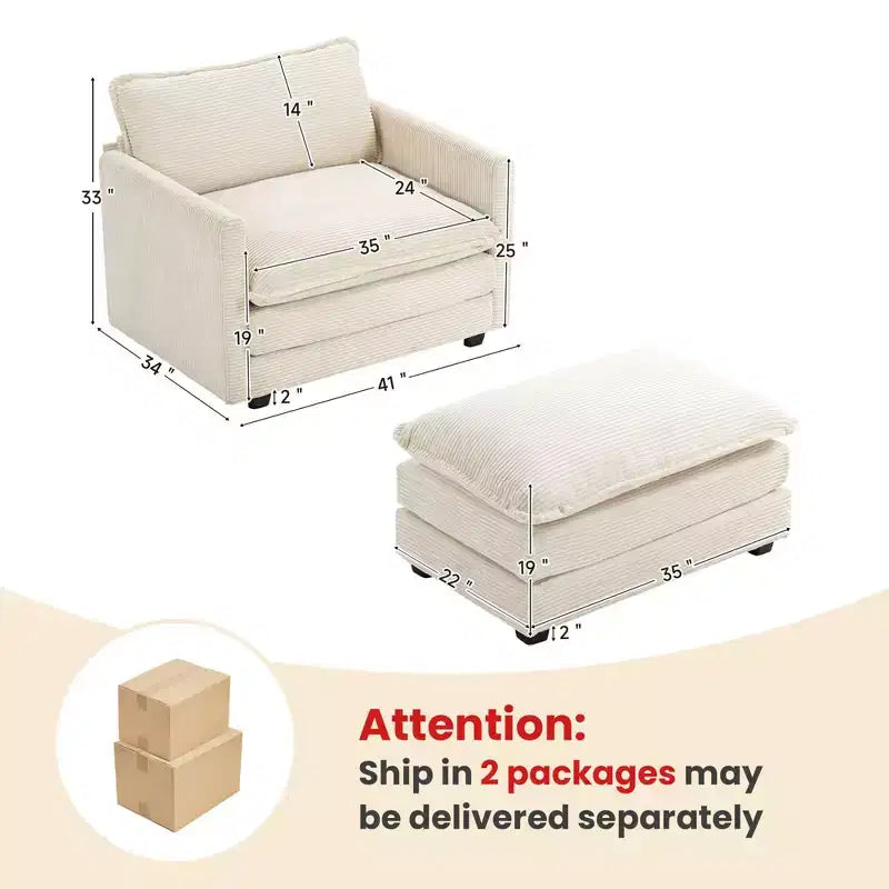 41.34 Fauteuil d'appoint surdimensionné en velours côtelé, Fauteuil-canapé avec ottoman et assise large, Fauteuil de lecture moderne pour chambre et salon