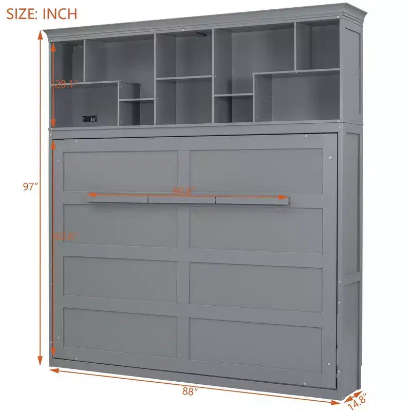Lit escamotable Queen Size Whisen Modern Design, se plie dans une armoire avec étagères supérieures et ports USB