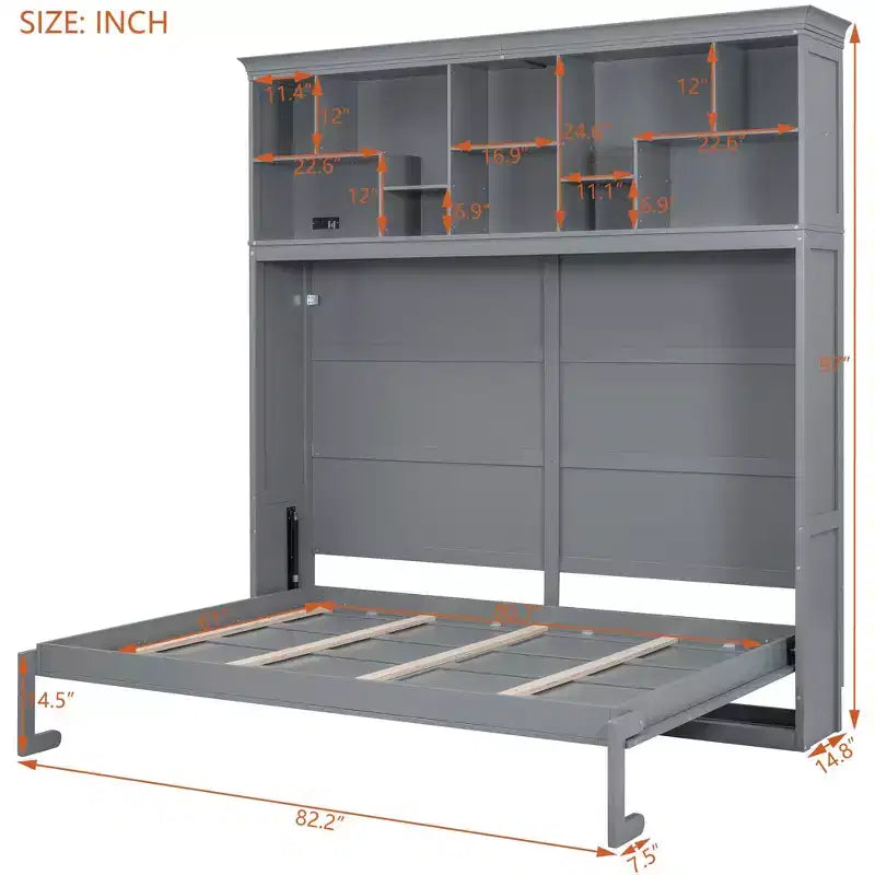 Lit escamotable Queen Size Whisen Modern Design, se plie dans une armoire avec étagères supérieures et ports USB