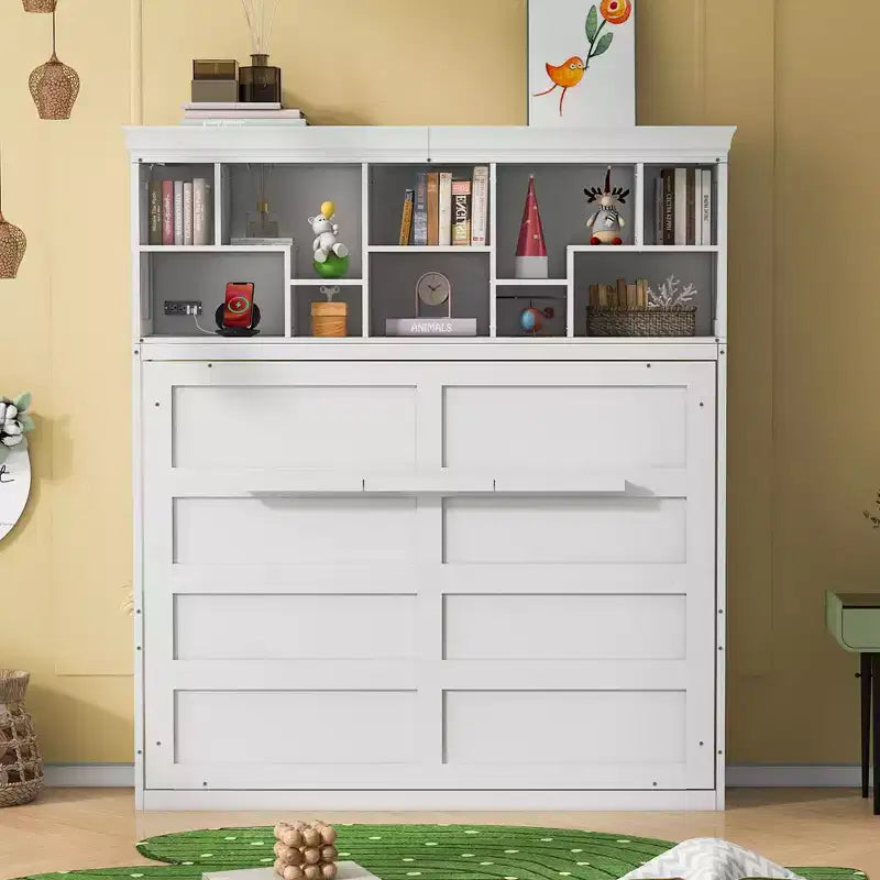 Lit escamotable Queen Size Whisen Modern Design, se plie dans une armoire avec étagères supérieures et ports USB