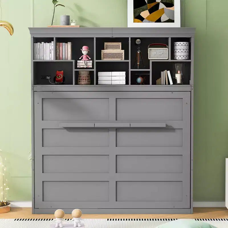 Lit escamotable Queen Size Whisen Modern Design, se plie dans une armoire avec étagères supérieures et ports USB