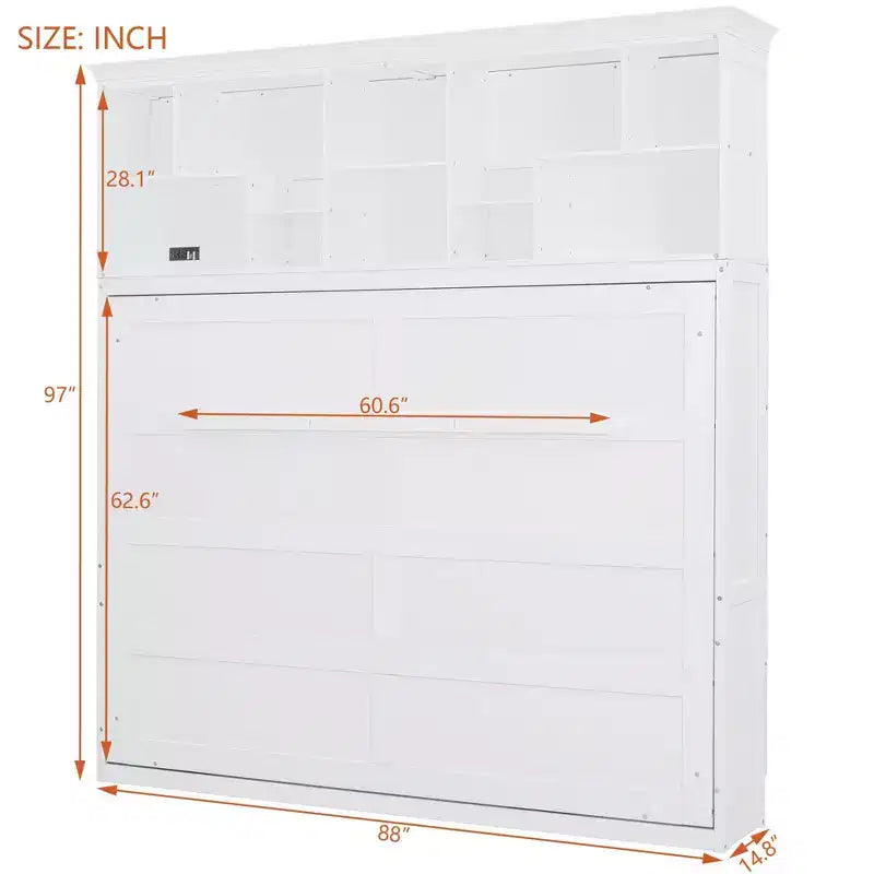 Lit escamotable Queen Size Whisen Modern Design, se plie dans une armoire avec étagères supérieures et ports USB
