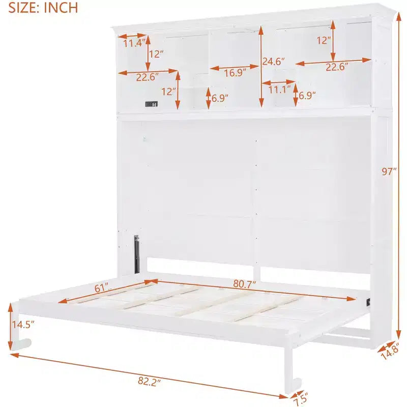 Lit escamotable Queen Size Whisen Modern Design, se plie dans une armoire avec étagères supérieures et ports USB