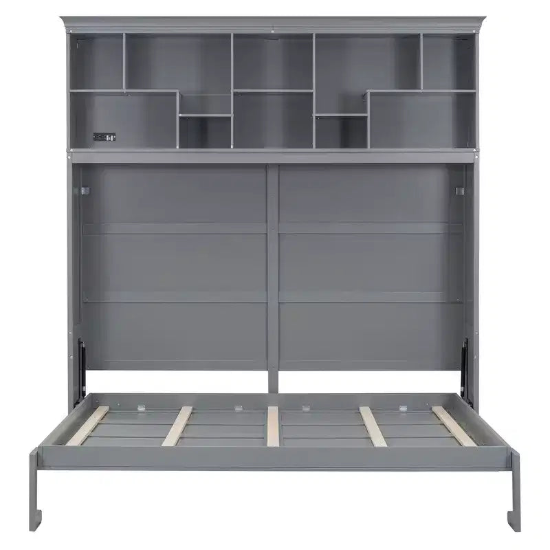 Lit escamotable Queen Size Whisen Modern Design, se plie dans une armoire avec étagères supérieures et ports USB