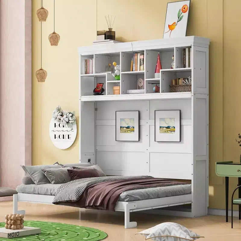 Lit escamotable Queen Size Whisen Modern Design, se plie dans une armoire avec étagères supérieures et ports USB
