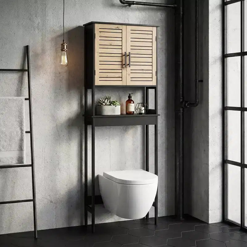 Evideco French Home Goods Over The Toilet Storage Cabinet with Double Vented Doors and Open Shelf, Black and Brown - Bergen Collection