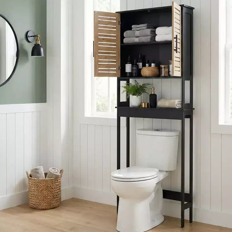 Meuble de Rangement WC Evideco, avec Double Porte Aérée et Étagère Ouverte, Noir et Marron - Collection Bergen