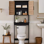 Meuble de Rangement WC Evideco, avec Double Porte Aérée et Étagère Ouverte, Noir et Marron - Collection Bergen