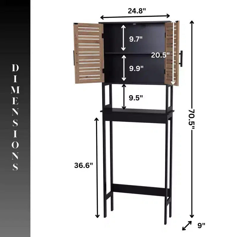 Meuble de Rangement WC Evideco, avec Double Porte Aérée et Étagère Ouverte, Noir et Marron - Collection Bergen